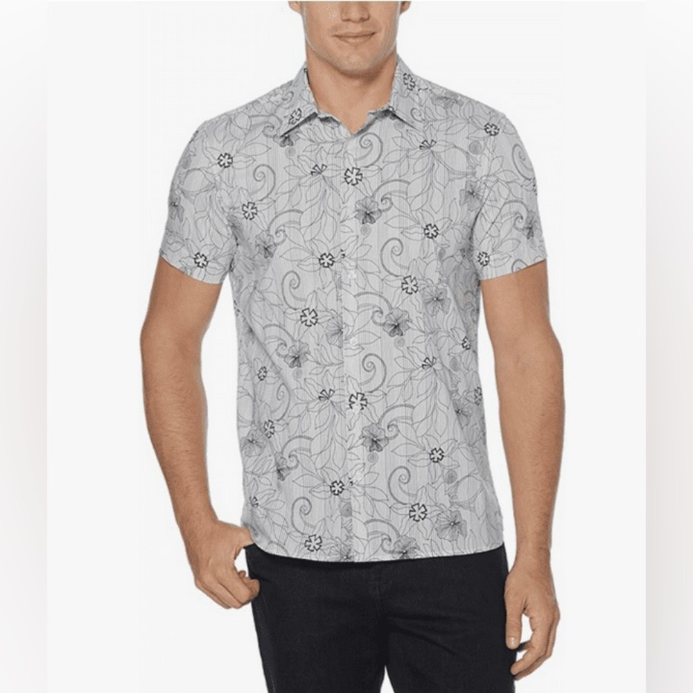 Perry‎ Ellis Men’s White Black Sketch Floral Print Button Up Casual Shirt XXL